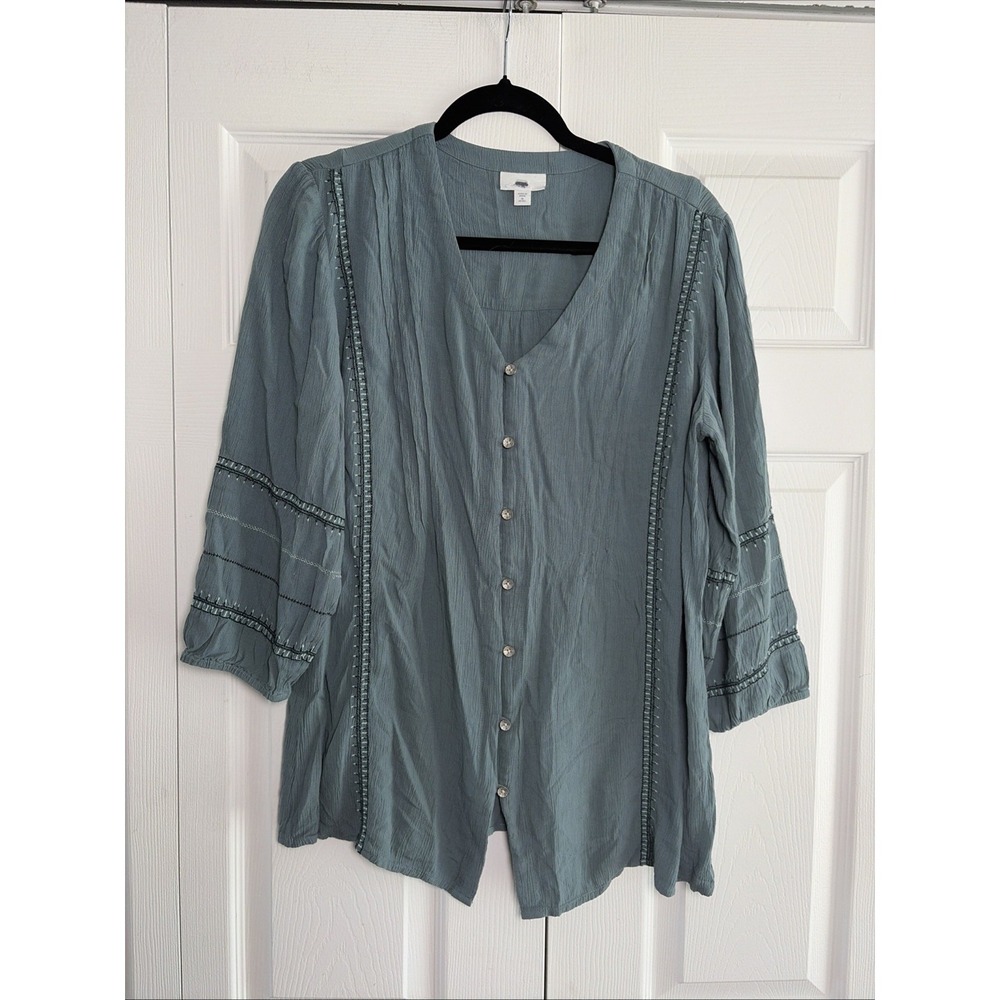 J Jill Embroidered Boho‎ Blouse Womens Size M Petite Teal Rayon Button Front Top